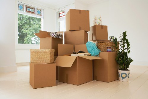 Packed business equipment ready for transport in Maidavale