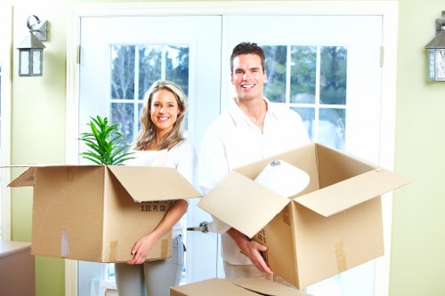 Office relocation equipment and boxes prepared for transport