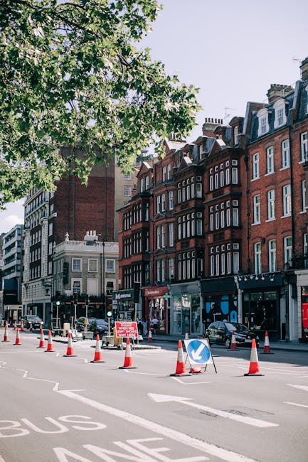 A street scene in Maida Vale shows a row of multi-storey brick buildings with large windows and some ground-floor retail shops. In the foreground, there is a section of road marked with a bus lane and traffic cones directing traffic flow, accompanied by a blue directional arrow sign. Part of a parked car is visible alongside the storefronts. A large leafy tree extends over the street, providing shade. The scene appears to be on a clear day with natural daylight illuminating the urban environment. Maidavale Removals staff may be involved in the logistics of house or office relocations in this area, with potential for loading and unloading furniture and boxes in preparation for a home relocation or commercial move.